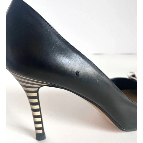 Kate Spade Black Leather Patent Cap with Stripe Heels Pumps With Bows 8.… - Picture 9 of 9